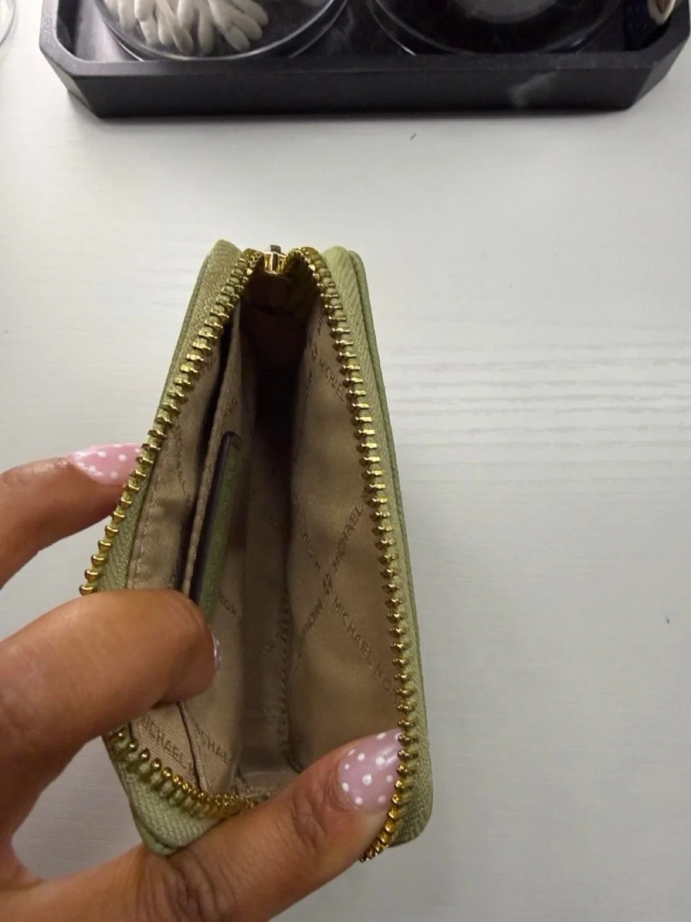Michael Kors Olive Card Case Wallet with Gold Chain Accent